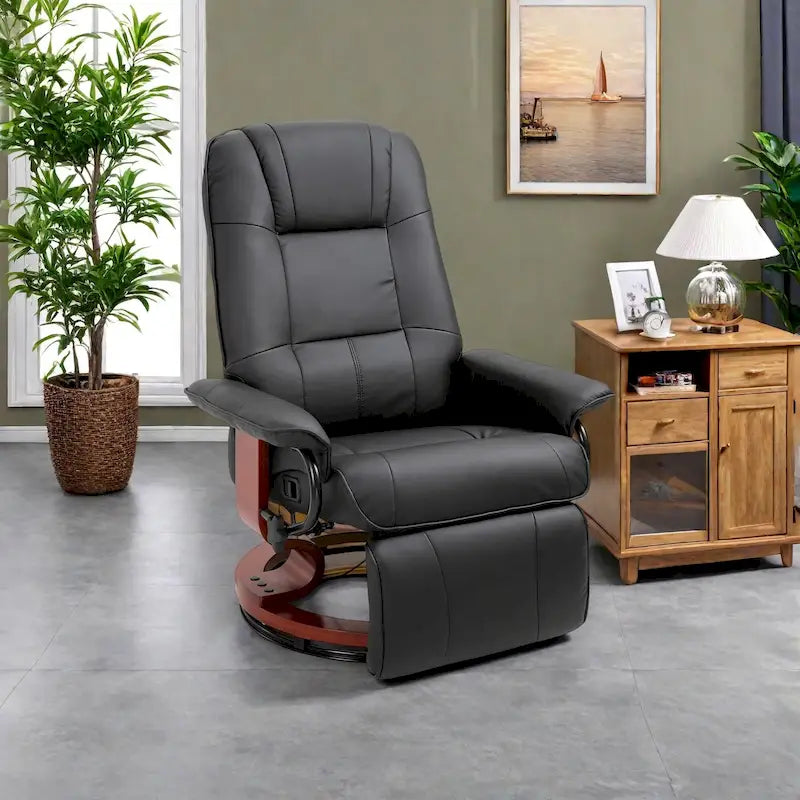 Faux Leather Manual Swivel Recliner Chair with Footrest, Armrest and Wrapped Wood Base