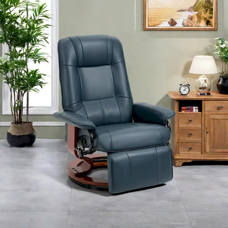 Faux Leather Manual Swivel Recliner Chair with Footrest, Armrest and Wrapped Wood Base