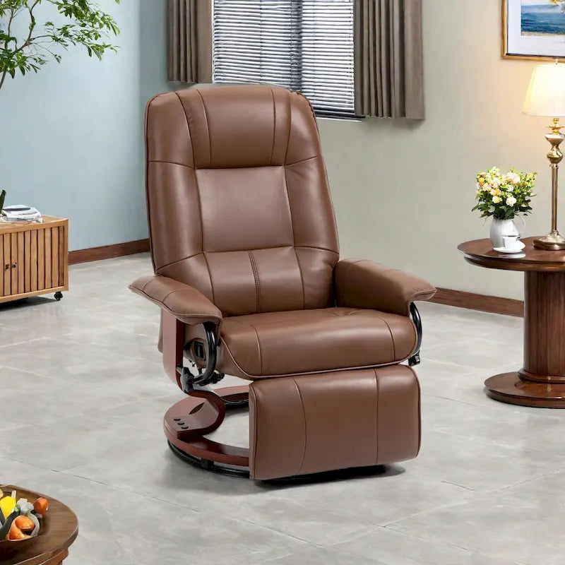 Faux Leather Manual Swivel Recliner Chair with Footrest, Armrest and Wrapped Wood Base