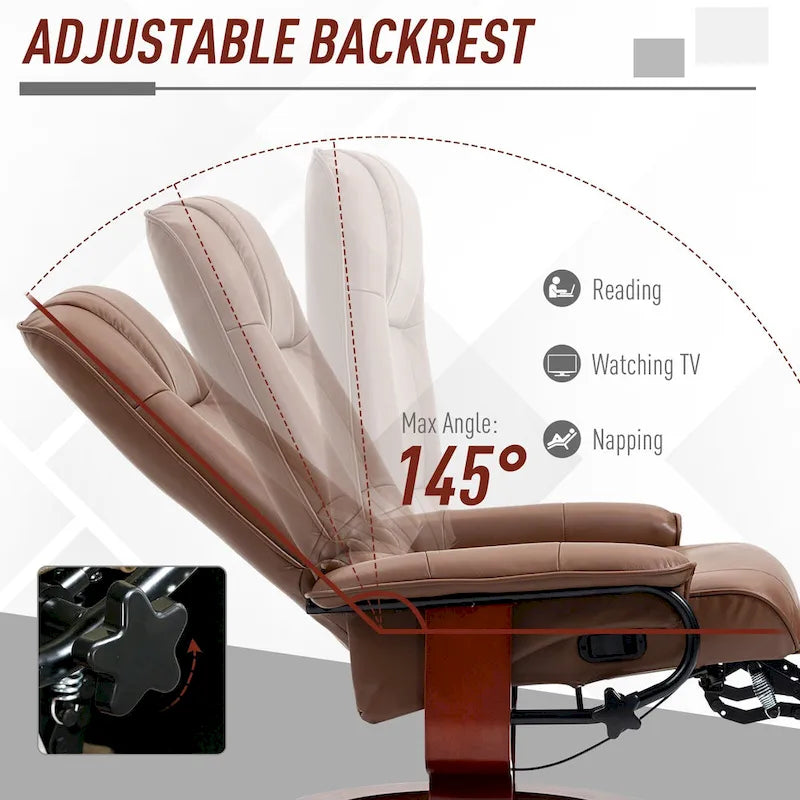 Faux Leather Manual Swivel Recliner Chair with Footrest, Armrest and Wrapped Wood Base