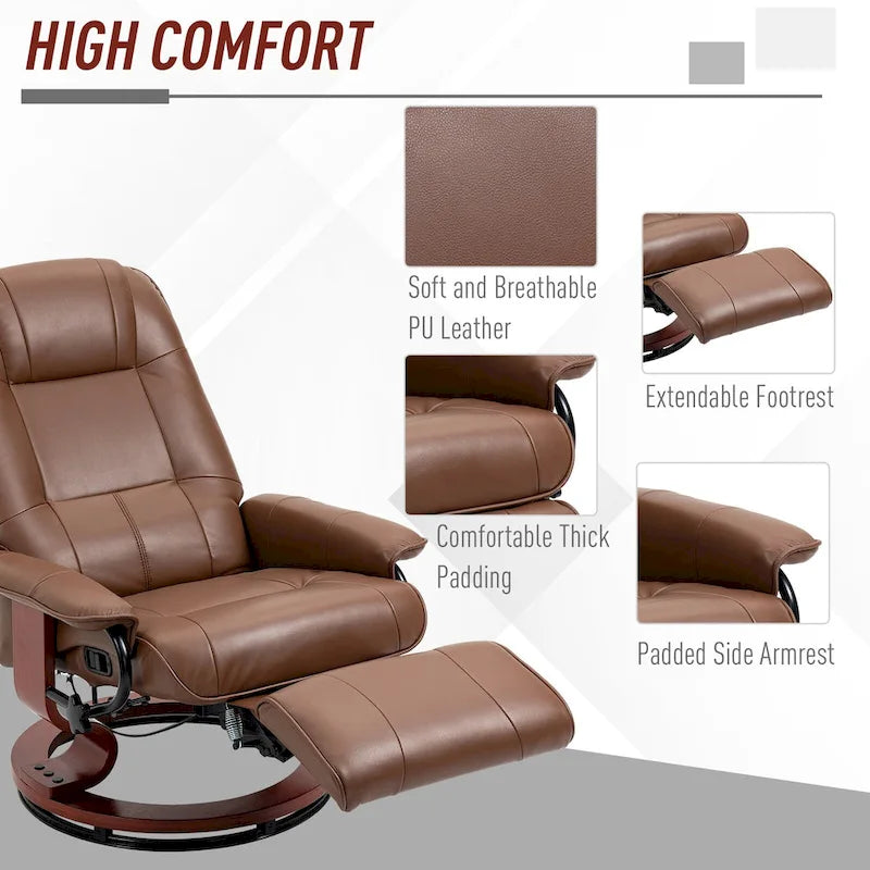 Faux Leather Manual Swivel Recliner Chair with Footrest, Armrest and Wrapped Wood Base