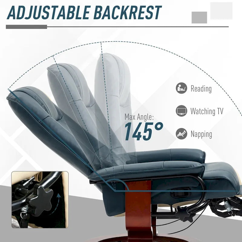 Faux Leather Manual Swivel Recliner Chair with Footrest, Armrest and Wrapped Wood Base