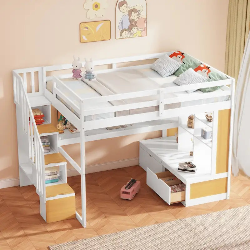 Full Size Loft Bed with Desk and Shelves, Two Built-in Drawers, Storage Staircase