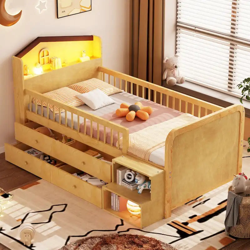 Low Loft Bed with LED Lights, Wooden Twin Loft Bed with House Shape Headboard, Kids Loft Bed with Storage Drawers