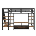 Full Size Metal Loft Bed with Staircase,Low Storage Table and Storage Shelves