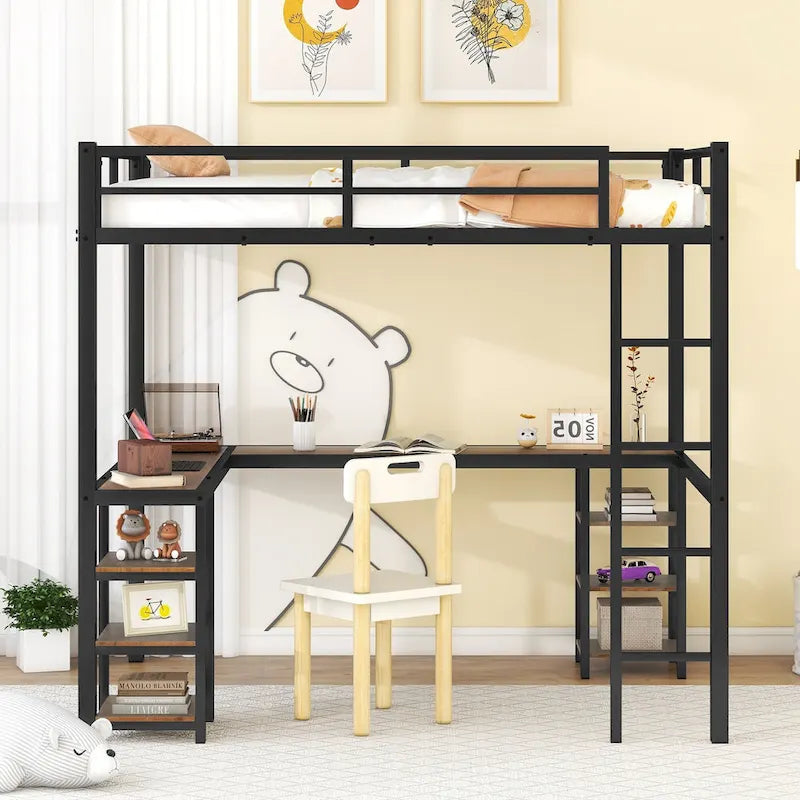 Full Metal Loft Bed with Desk and Shelves, Loft Bed with Ladder and Guardrails, Loft Bed Frame