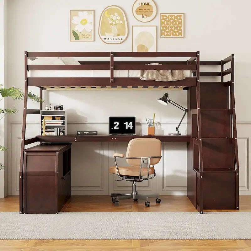 Full Size Loft Bed with 7 Drawers 2 Shelves and Desk