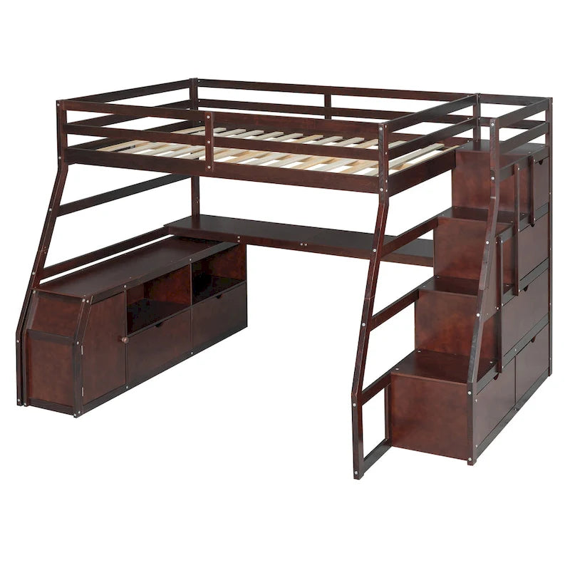 Full Size Loft Bed with 7 Drawers 2 Shelves and Desk