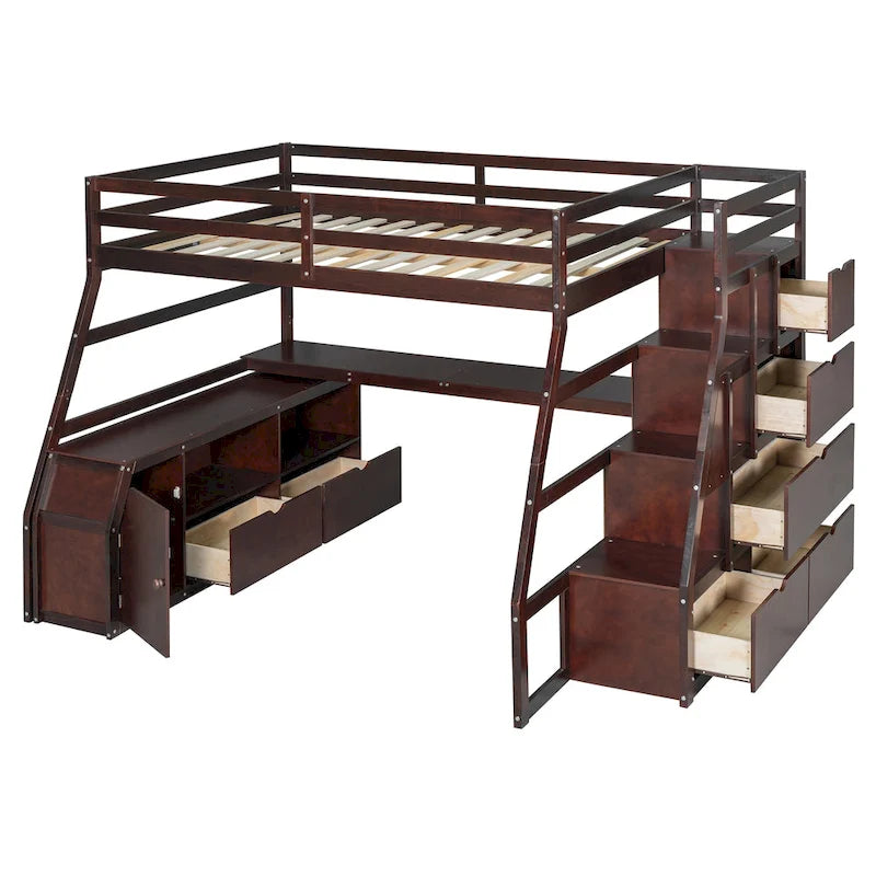 Full Size Loft Bed with 7 Drawers 2 Shelves and Desk