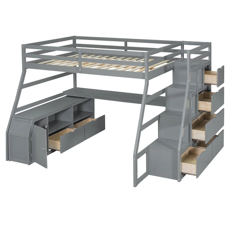 Full Size Loft Bed with 7 Drawers 2 Shelves and Desk