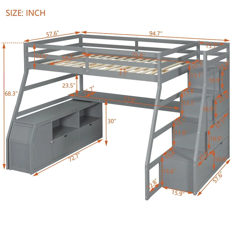 Full Size Loft Bed with 7 Drawers 2 Shelves and Desk
