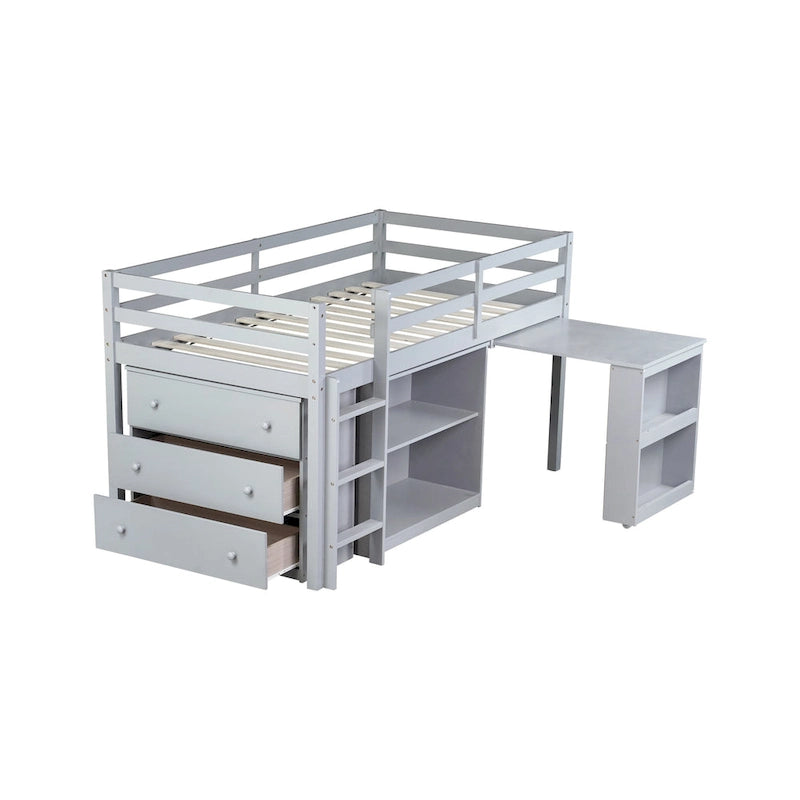 Twin Loft Bed with ,Drawer Cabinet, Shelf Cabinet and Pulling -Out Desk,Rubber Wood Loft Bed with Safety Guardrail ,Ladder,Grey