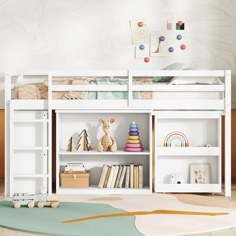 Twin Loft Bed with ,Drawer Cabinet, Shelf Cabinet and Pulling -Out Desk,Rubber Wood Loft Bed with Safety Guardrail ,Ladder,Grey