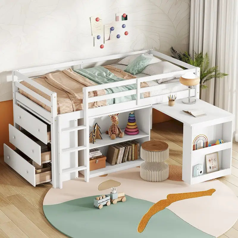 Twin Loft Bed with ,Drawer Cabinet, Shelf Cabinet and Pulling -Out Desk,Rubber Wood Loft Bed with Safety Guardrail ,Ladder,Grey