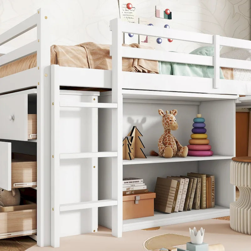 Twin Loft Bed with ,Drawer Cabinet, Shelf Cabinet and Pulling -Out Desk,Rubber Wood Loft Bed with Safety Guardrail ,Ladder,Grey