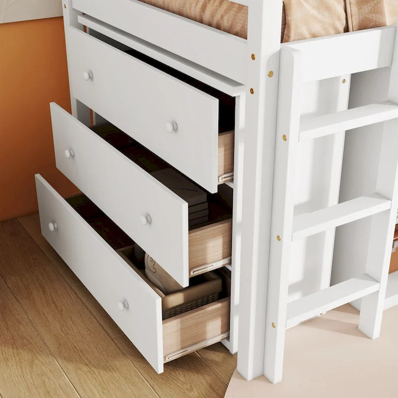 Twin Loft Bed with ,Drawer Cabinet, Shelf Cabinet and Pulling -Out Desk,Rubber Wood Loft Bed with Safety Guardrail ,Ladder,Grey