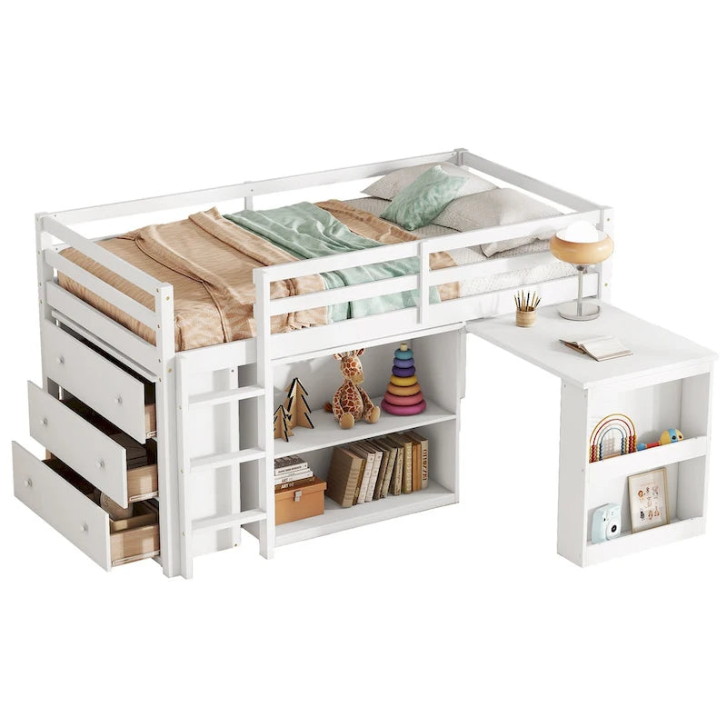 Twin Loft Bed with ,Drawer Cabinet, Shelf Cabinet and Pulling -Out Desk,Rubber Wood Loft Bed with Safety Guardrail ,Ladder,Grey