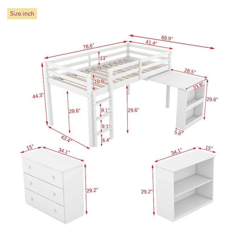 Twin Loft Bed with ,Drawer Cabinet, Shelf Cabinet and Pulling -Out Desk,Rubber Wood Loft Bed with Safety Guardrail ,Ladder,Grey