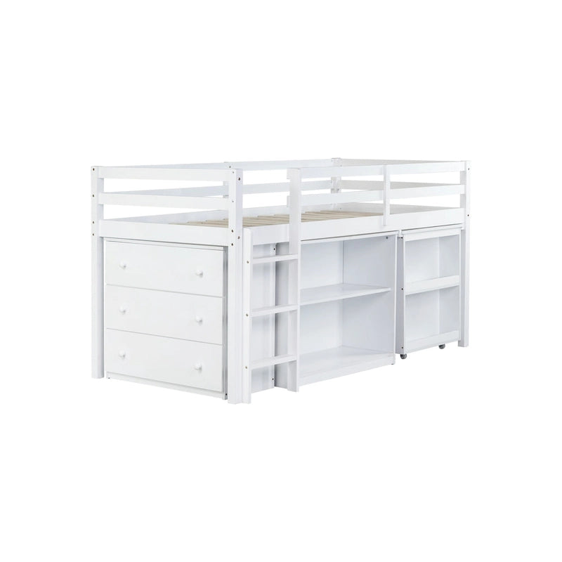 Twin Loft Bed with ,Drawer Cabinet, Shelf Cabinet and Pulling -Out Desk,Rubber Wood Loft Bed with Safety Guardrail ,Ladder,Grey