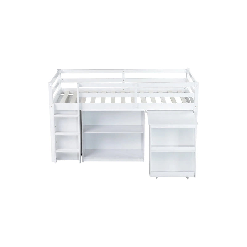 Twin Loft Bed with ,Drawer Cabinet, Shelf Cabinet and Pulling -Out Desk,Rubber Wood Loft Bed with Safety Guardrail ,Ladder,Grey