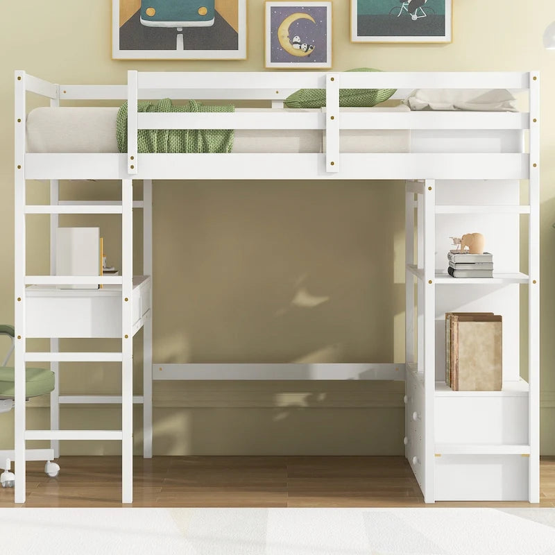 Full Size Loft Bed with Built-in Desk with Two Drawers, and Storage Shelves and Drawers