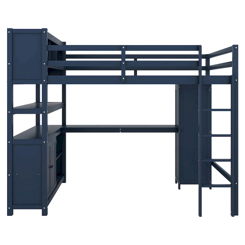 Wood Loft Bed with Cabinet and Bookshelf