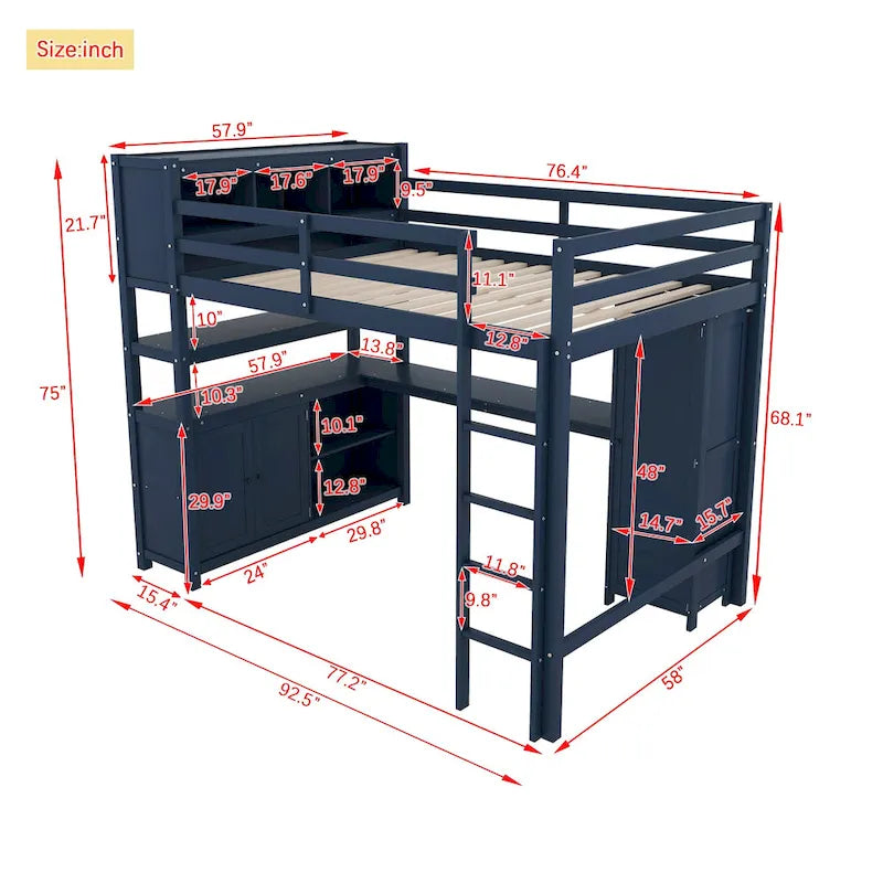 Wood Loft Bed with Cabinet and Bookshelf