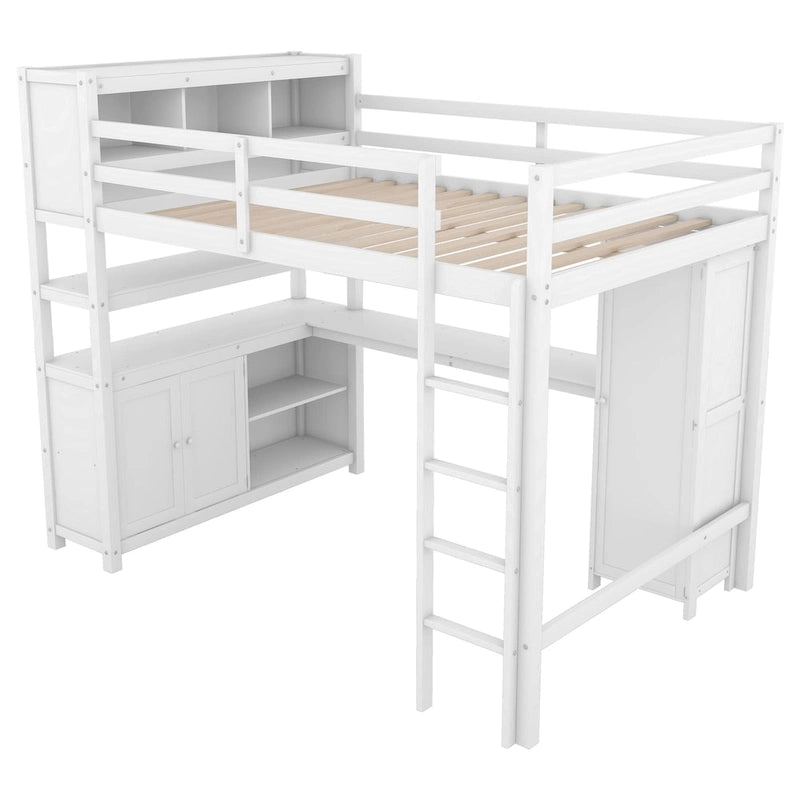 Wood Loft Bed with Cabinet and Bookshelf