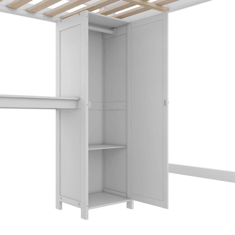 Wood Loft Bed with Cabinet and Bookshelf