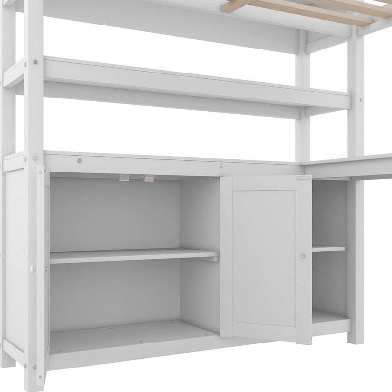 Wood Loft Bed with Cabinet and Bookshelf