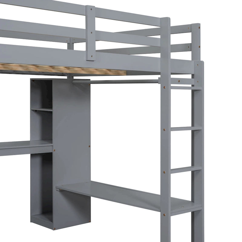 Full Size Loft Bed with L-shaped Desk, Wardrobe and Storage Shelves