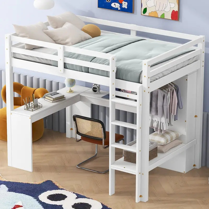 Twin Size Loft Bed with L-shaped Desk, Wardrobe and Storage Shelves