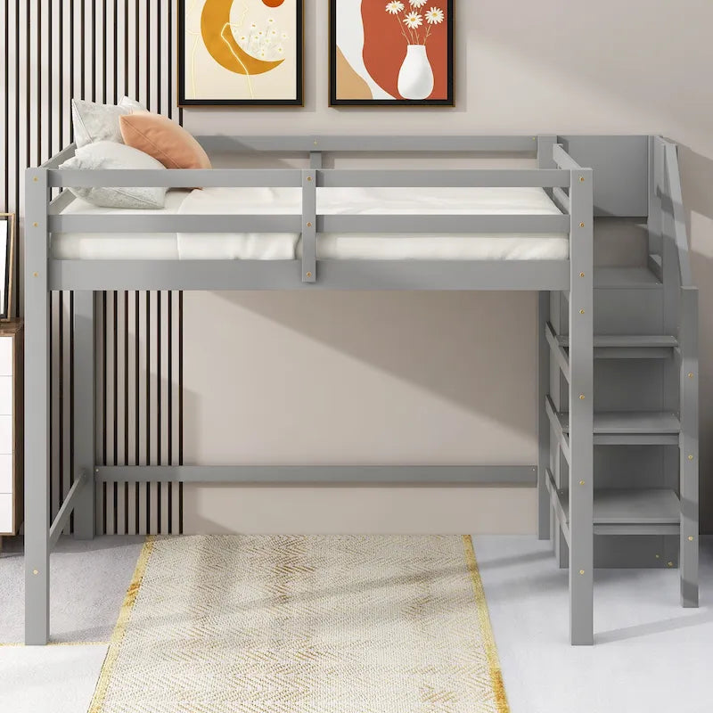 Full Size Loft Bed with Built-in Storage Wardrobe and Staircase