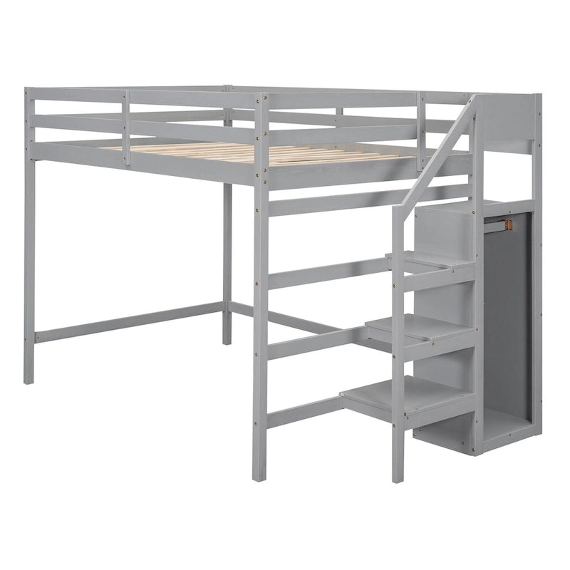 Full Size Loft Bed with Built-in Storage Wardrobe and Staircase