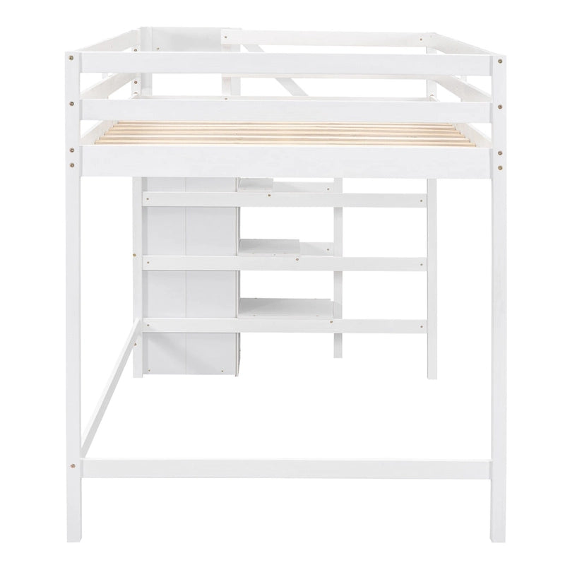 Full Size Loft Bed with Built-in Storage Wardrobe and Staircase