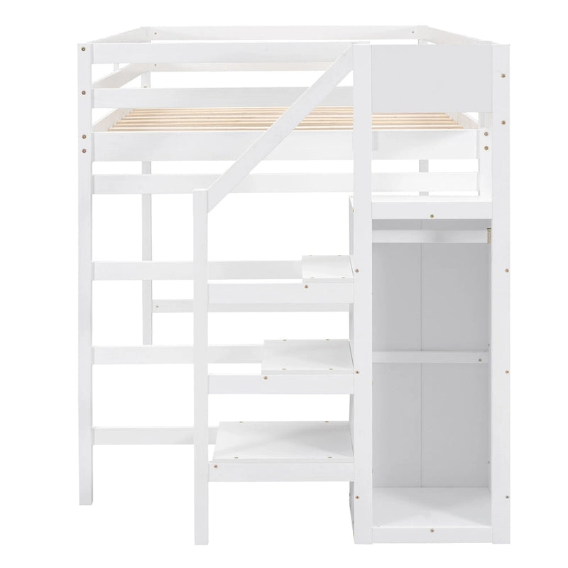 Full Size Loft Bed with Built-in Storage Wardrobe and Staircase