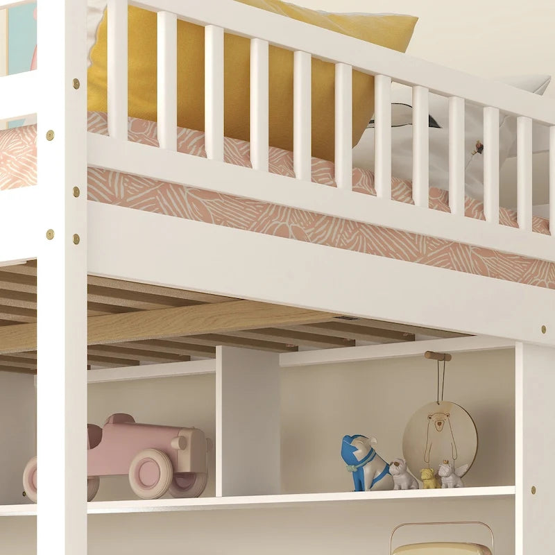 Full Size Loft Bed with Built-in Desk, Bookshelves and Storage Staircase