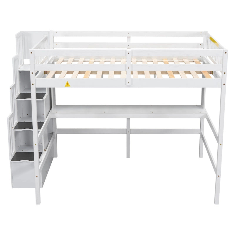 Full Size Loft Bed with Built-in Desk, Bookshelves and Storage Staircase