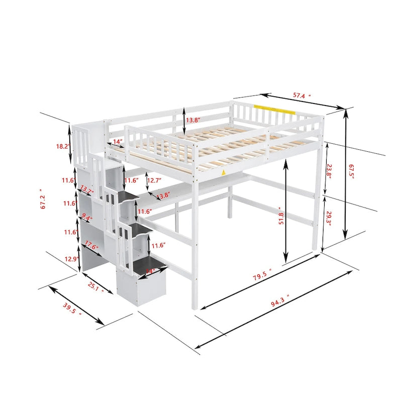 Full Size Loft Bed with Built-in Desk, Bookshelves and Storage Staircase