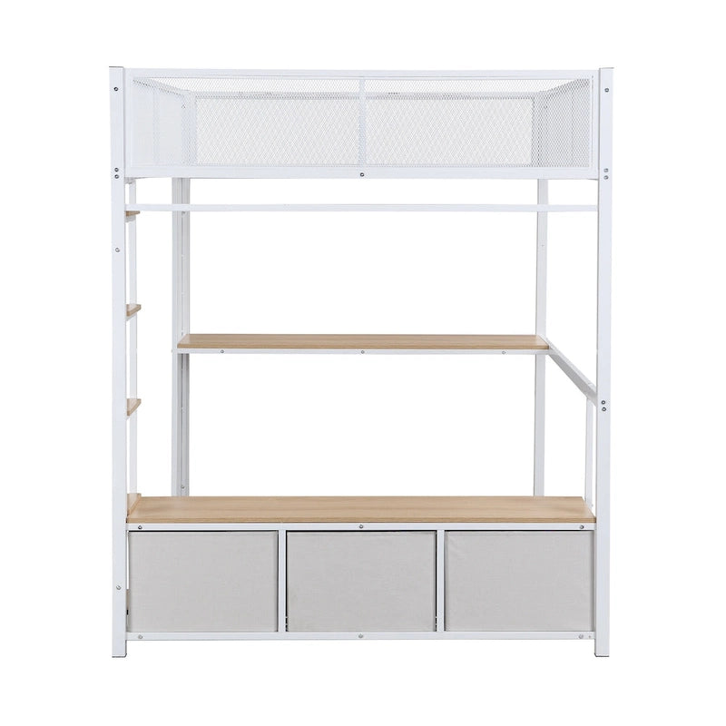 Full Size Metal Gaming Loft Bed with LED, Desk, Open Wardrobe and 3 Linen Storage Drawers