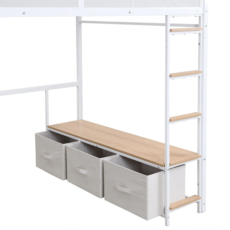 Full Size Metal Gaming Loft Bed with LED, Desk, Open Wardrobe and 3 Linen Storage Drawers