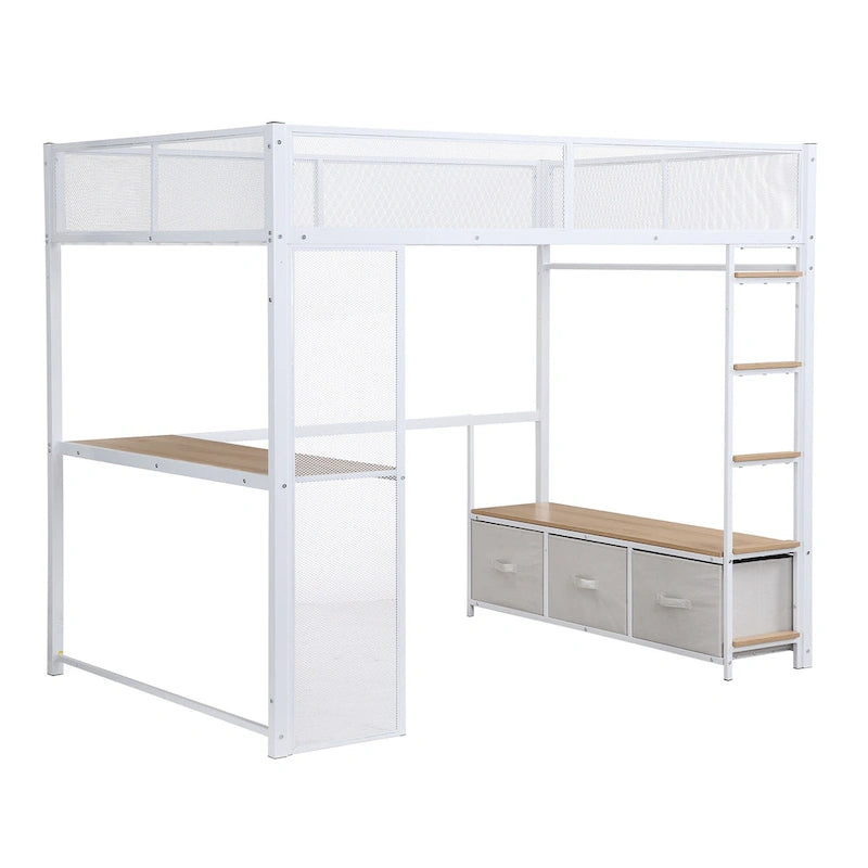 Full Size Metal Gaming Loft Bed with LED, Desk, Open Wardrobe and 3 Linen Storage Drawers