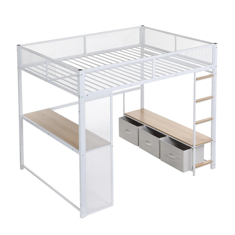 Full Size Metal Gaming Loft Bed with LED, Desk, Open Wardrobe and 3 Linen Storage Drawers