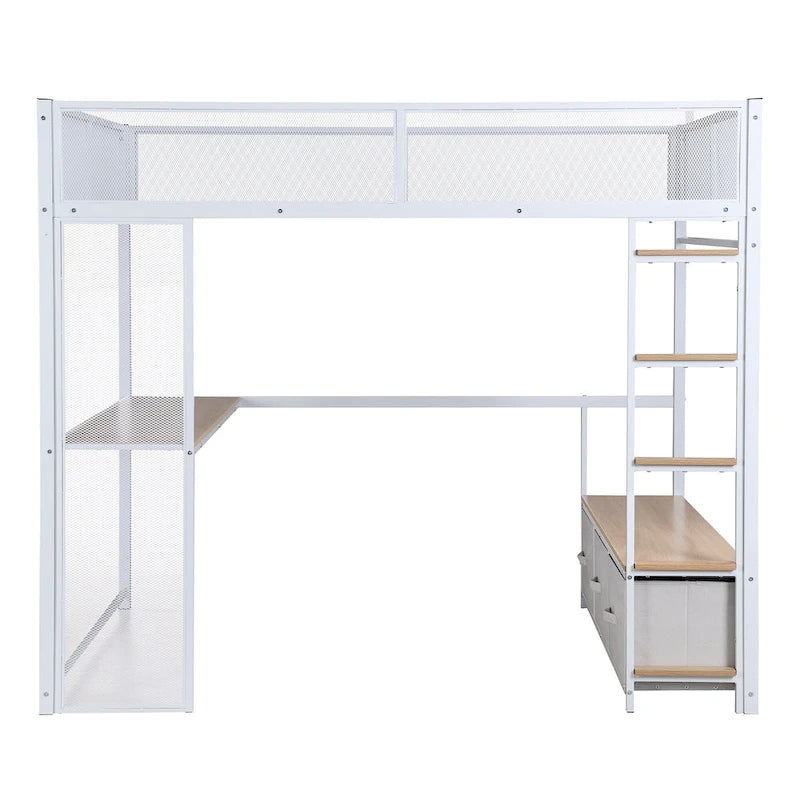 Full Size Metal Gaming Loft Bed with LED, Desk, Open Wardrobe and 3 Linen Storage Drawers