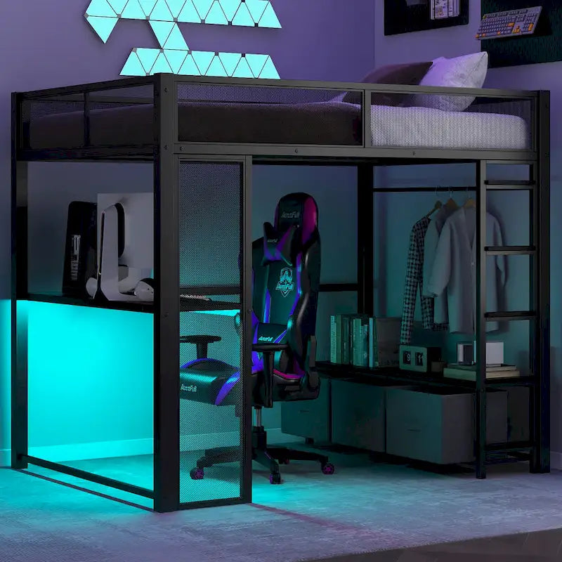 Full Size Metal Gaming Loft Bed with LED, Desk, Open Wardrobe and 3 Linen Storage Drawers