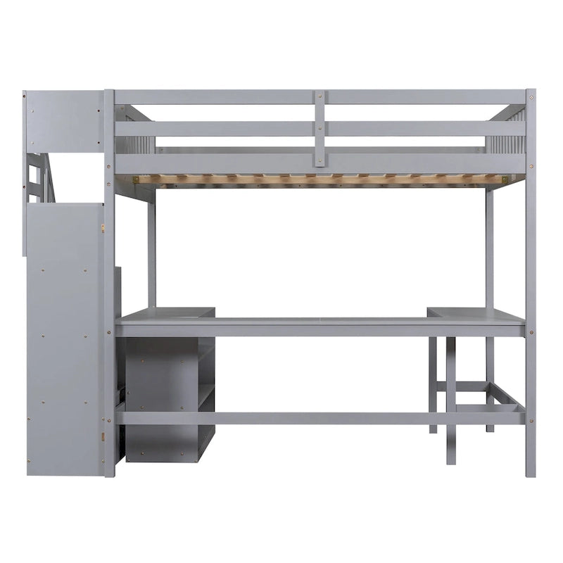 Full Size Loft Bed with Built-in L-Shaped Desk and Three-Tier Storage Shelves,and Attached Storage Staircase