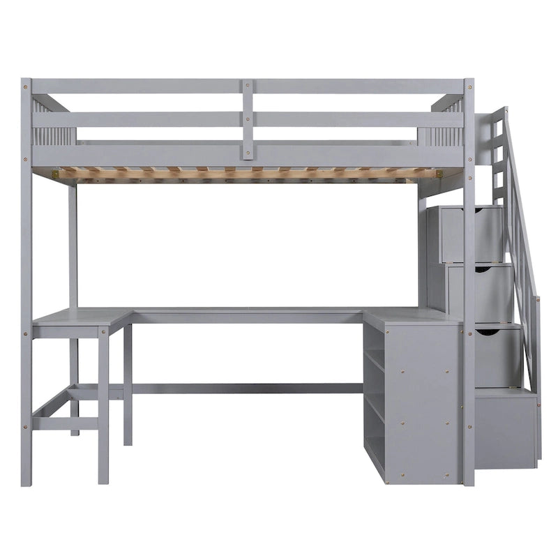 Full Size Loft Bed with Built-in L-Shaped Desk and Three-Tier Storage Shelves,and Attached Storage Staircase
