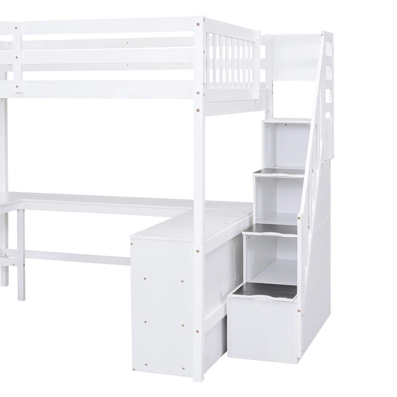 Full Size Loft Bed with Built-in L-Shaped Desk and Three-Tier Storage Shelves,and Attached Storage Staircase