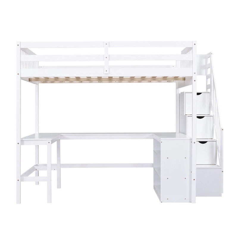Full Size Loft Bed with Built-in L-Shaped Desk and Three-Tier Storage Shelves,and Attached Storage Staircase