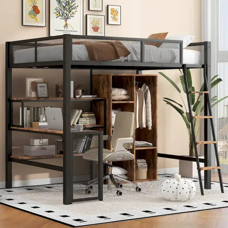 Full Size Metal Loft bed with Built-in Desk, Wardrobeand Shelves
